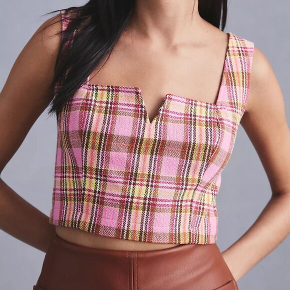 NWT Anthropologie Maeve Structured Plaid Corset Crop Top in Pink Combo - Size 8 - Picture 1 of 10
